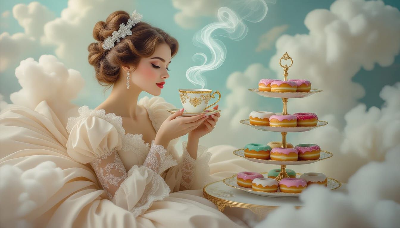 Whimsical Woman with Mocha Cup in Surreal Steam