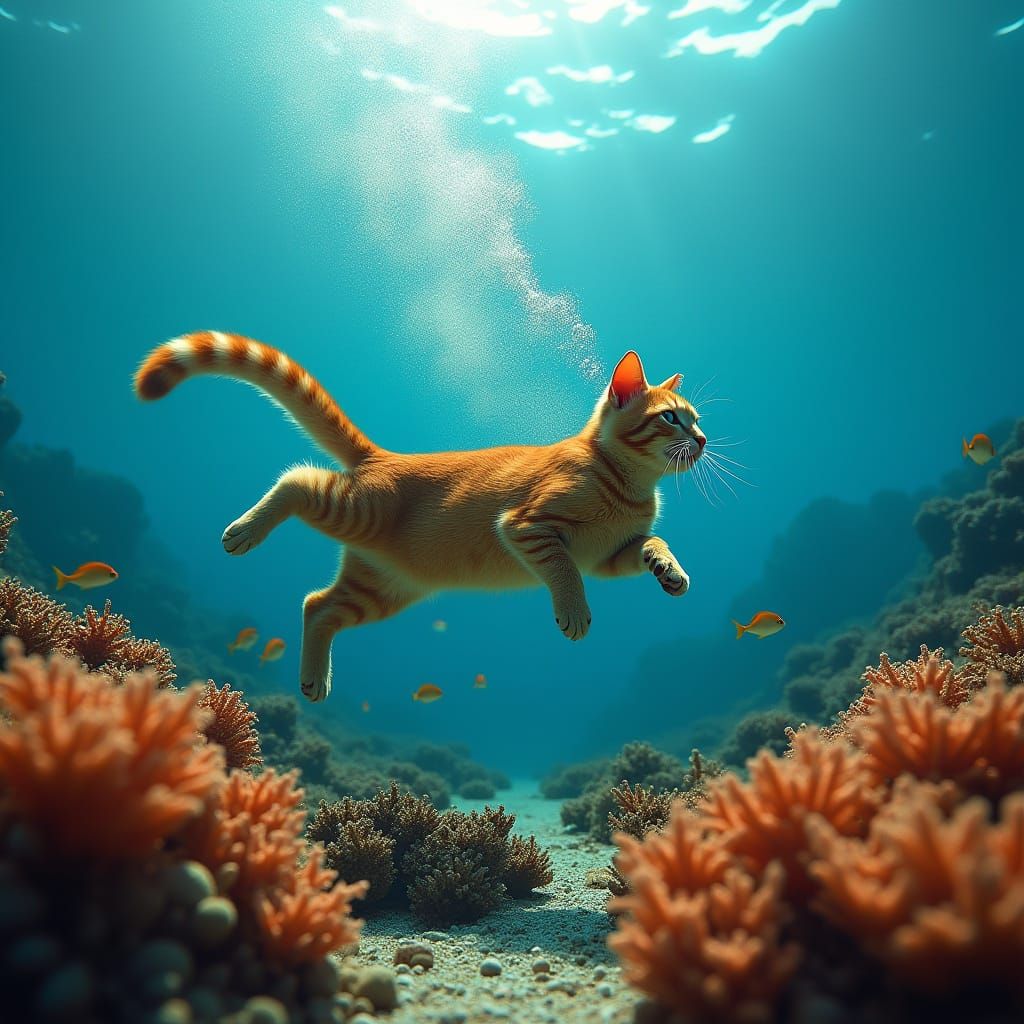 Orange Tabby Cat Scuba Dives Through Fish Tail Coral Reef