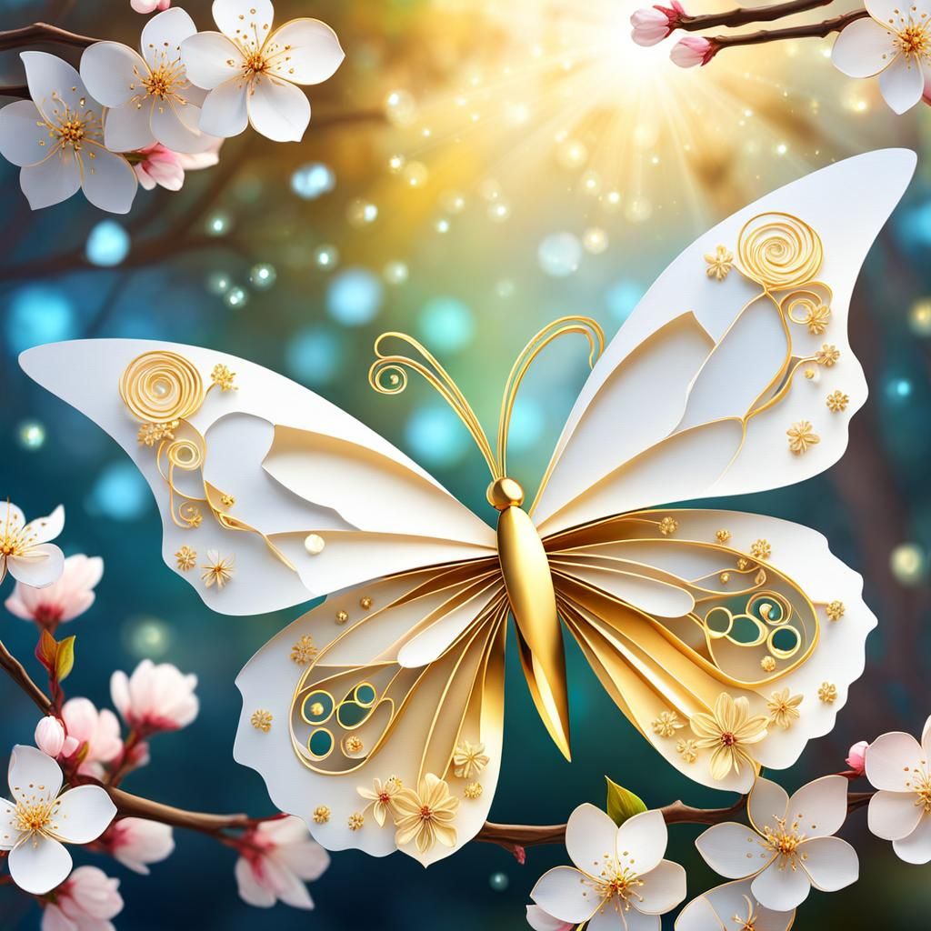 Bioluminescent Butterfly on Cherry Blossom Branch