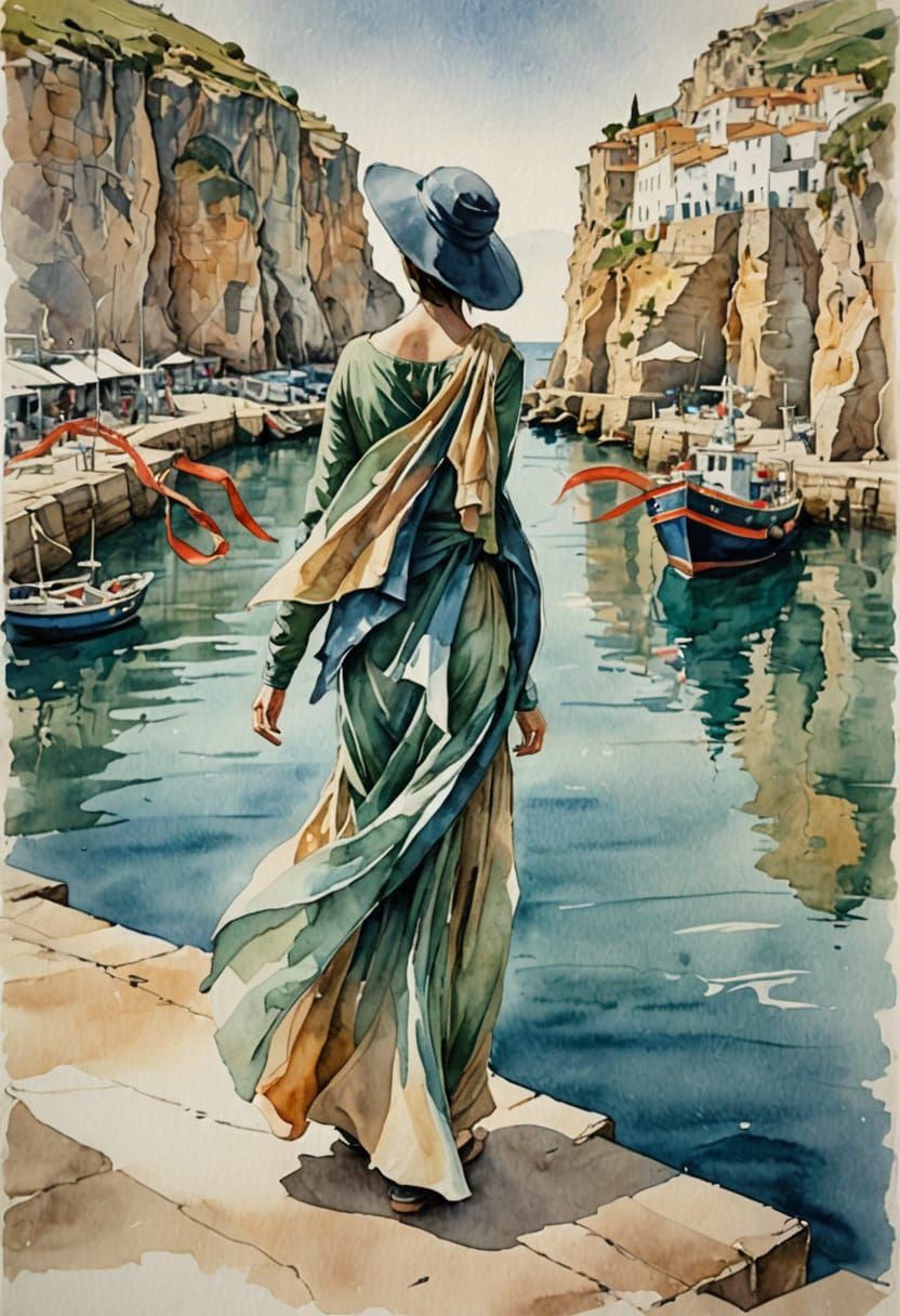 Mediterranean Woman in Harbour, Watercolour Painting