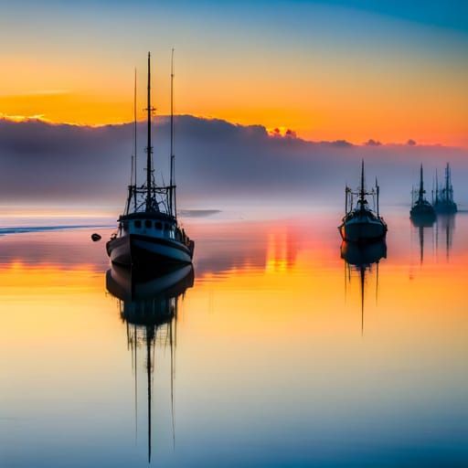 Shrimp Boats in Dense Fog at Twilight