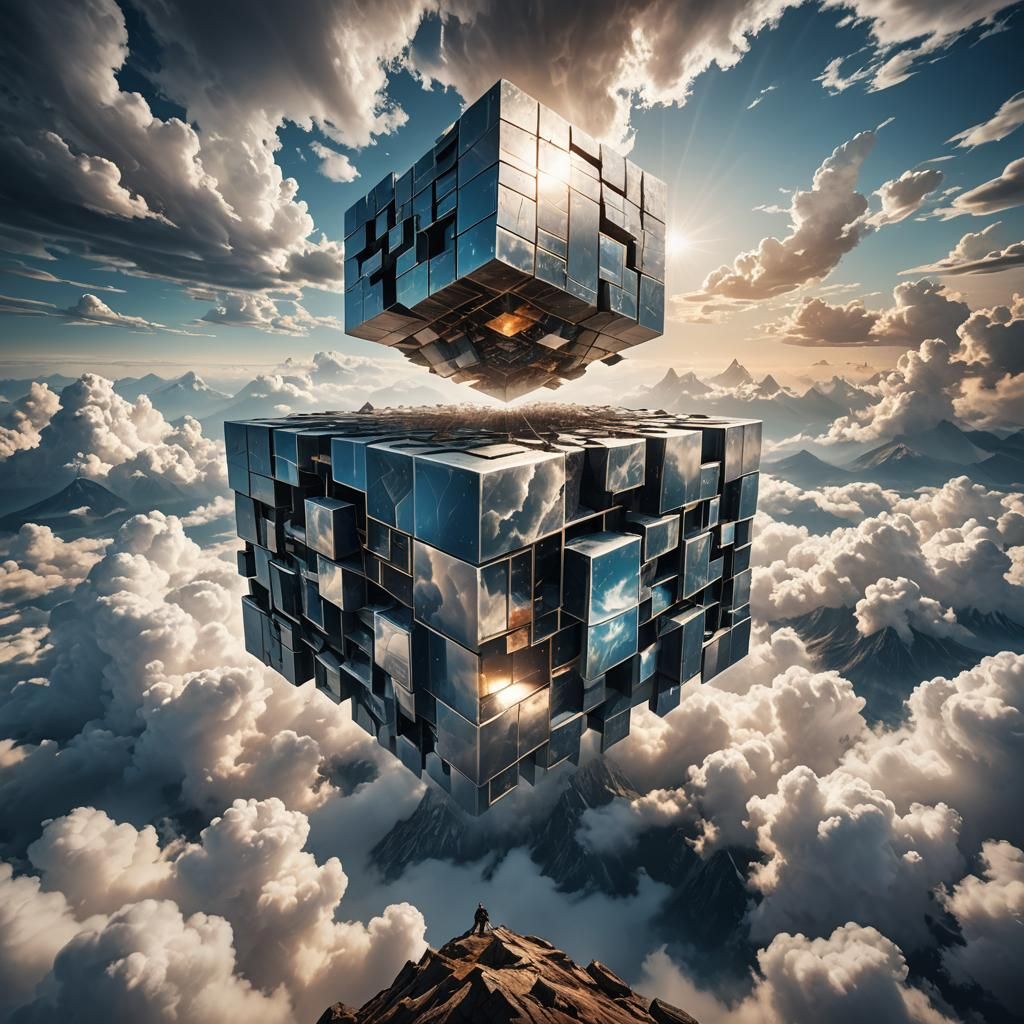 Surreal Cube Descends from Sky in Fantasy Landscape