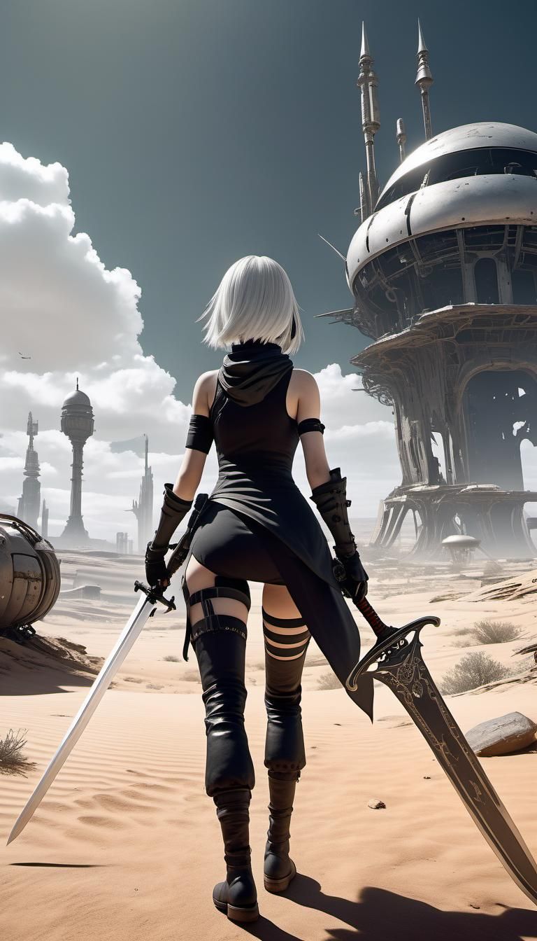 Android Warrior in Desert Wasteland: Cinematic View