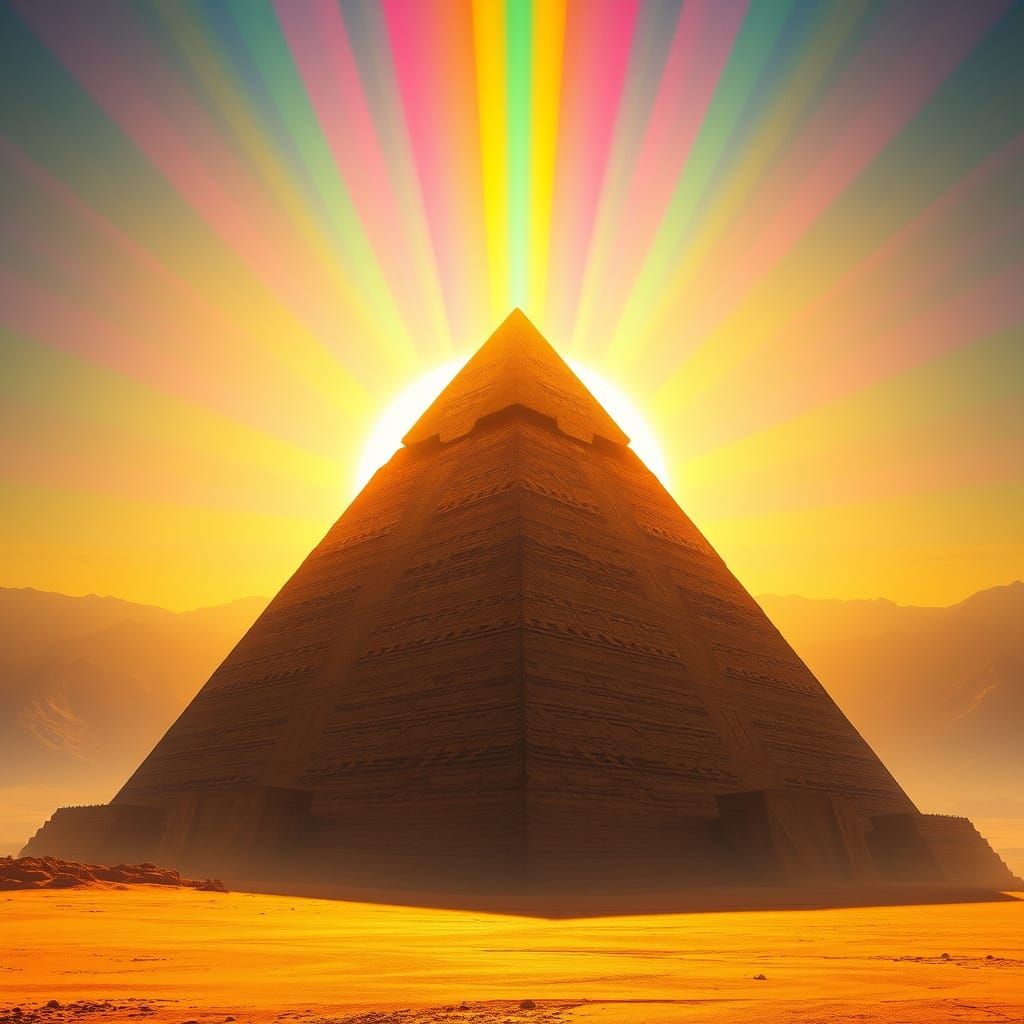 Rainbow Pyramid in Golden Desert, Retro Sci-Fi Art