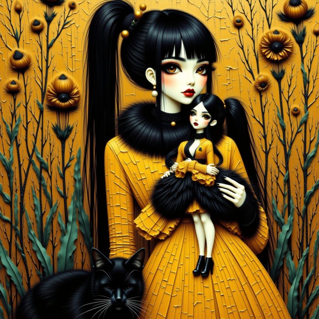 Goth brunette female, Gustav Klimt, pearl earrings, a long s...