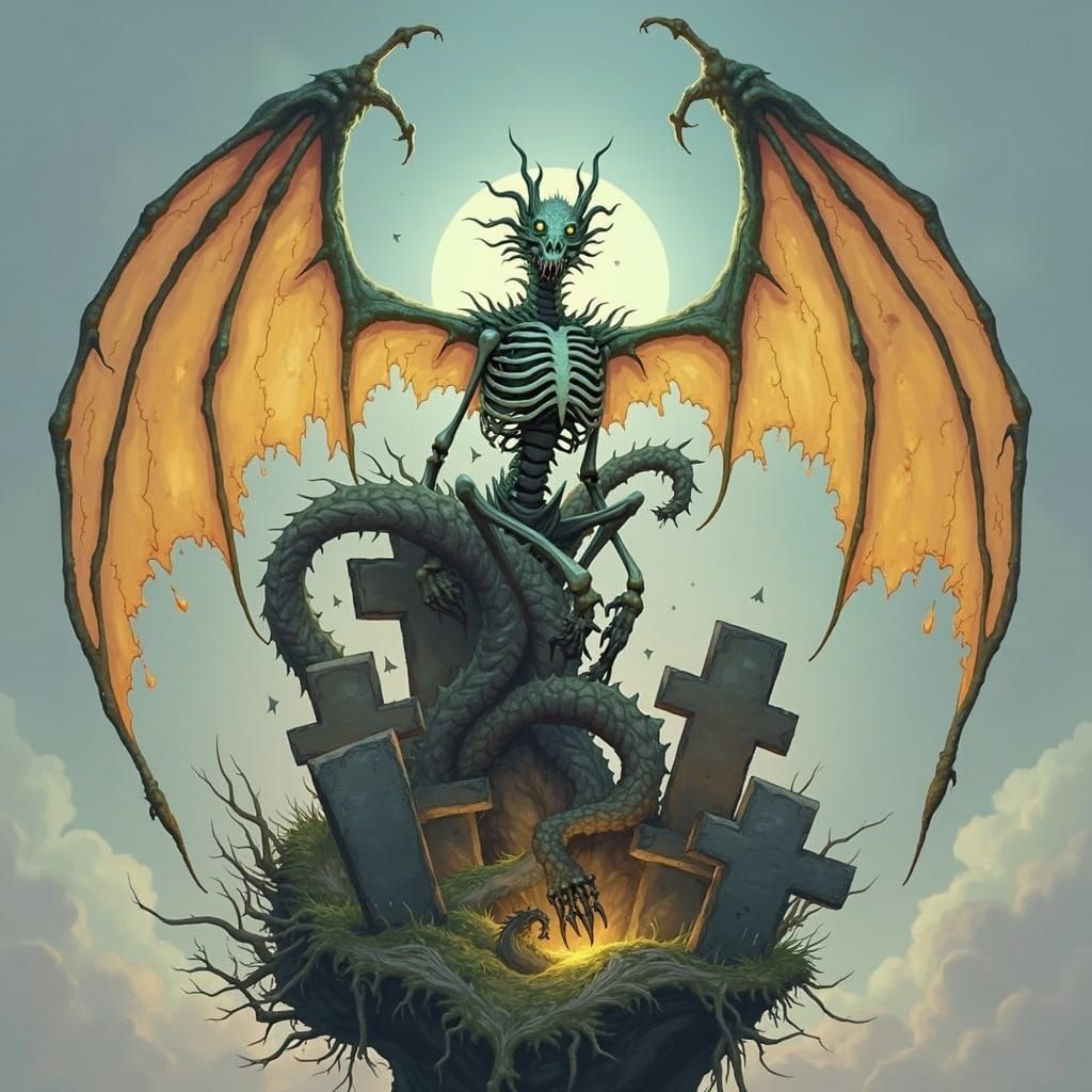 Skeletal Dragon in Graveyard, Dark Fantasy Art
