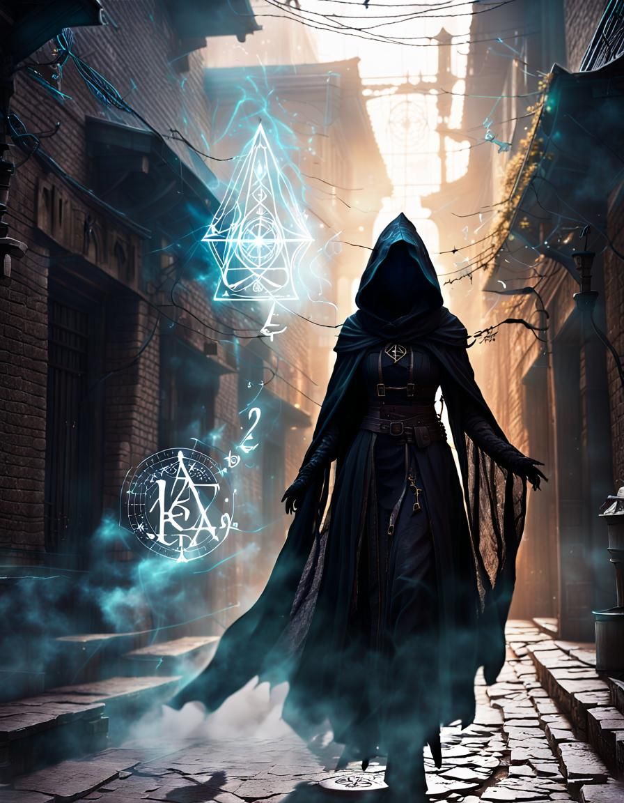 Beautiful Witch in Fantasy Alleyway with Cosmic Strands