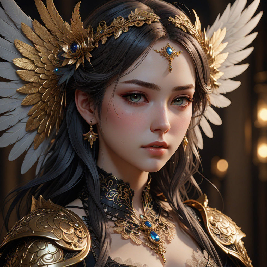 Gothic Fantasy Warrior Maiden with Intricate Feathered Wings