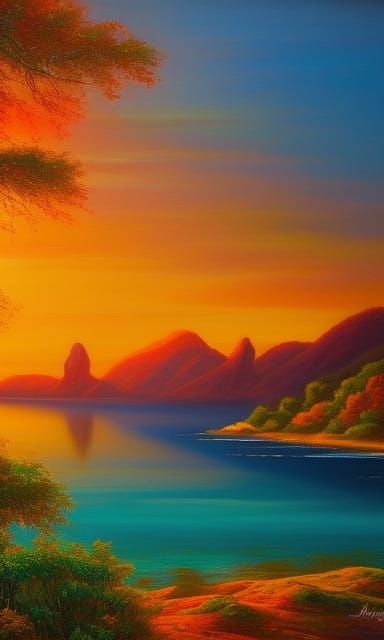 Tropical Sunset Beach Scene as Impasto Oil Painting