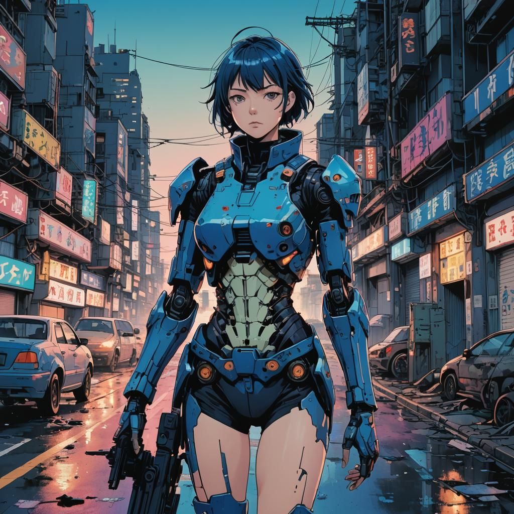 Cyborg Woman in Dilapidated Cityscape, Manga Style