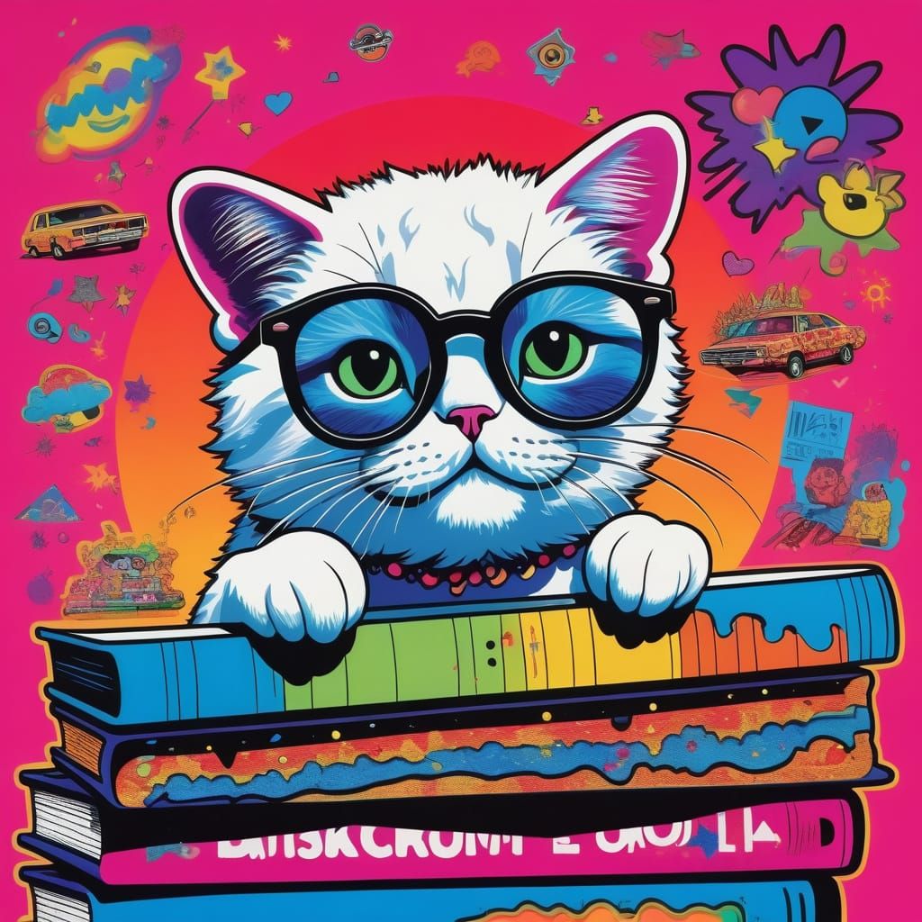 Gen Z Cat on Vinyl Records in Pop Art Style
