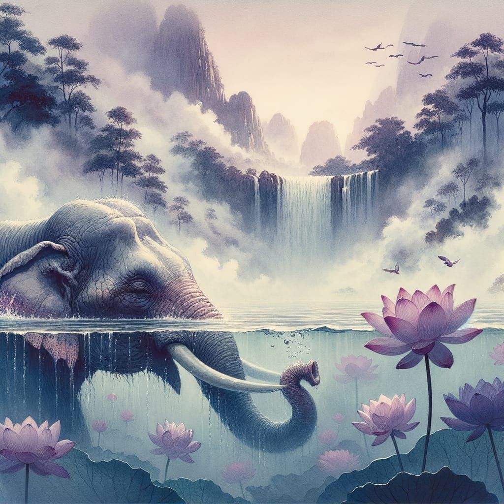 Elephant Underwater in Serene Ukiyo-e Watercolor Dreamscape