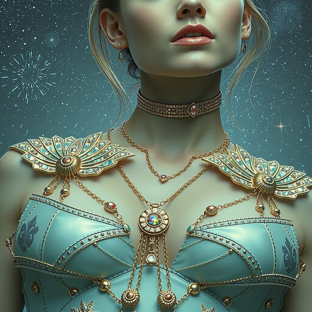 Photorealistic Woman Amidst Starry Night Sky