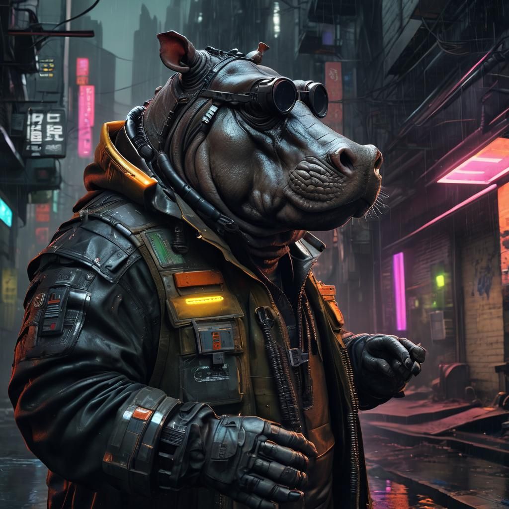 Hippo in Cyberpunk Style with Cyberglasses
