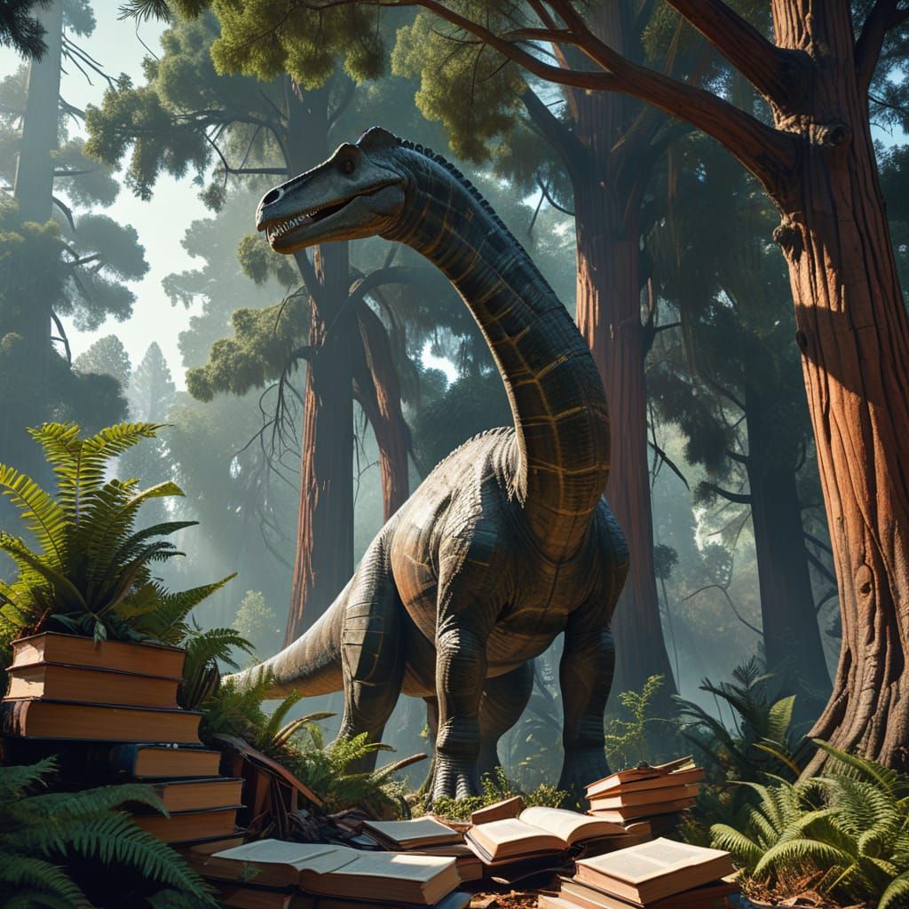 Brachiosaurus Grazing on Sequoia Tree in Manga Style