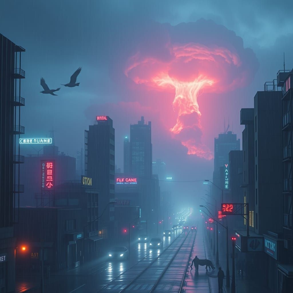 Gloomy Cityscape in Cyberpunk Style with Nuclear Aftermath
