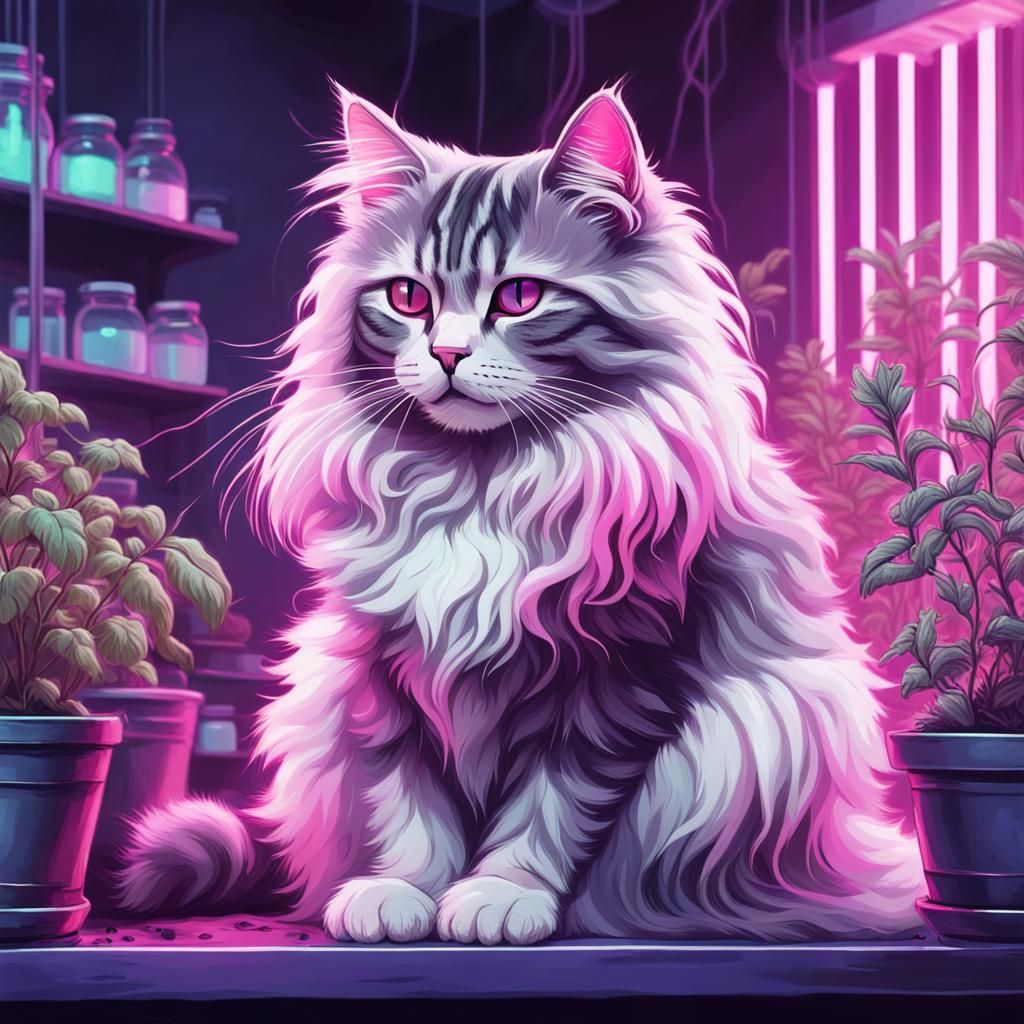 Ethereal Witch and Cat in Synthwave Lab