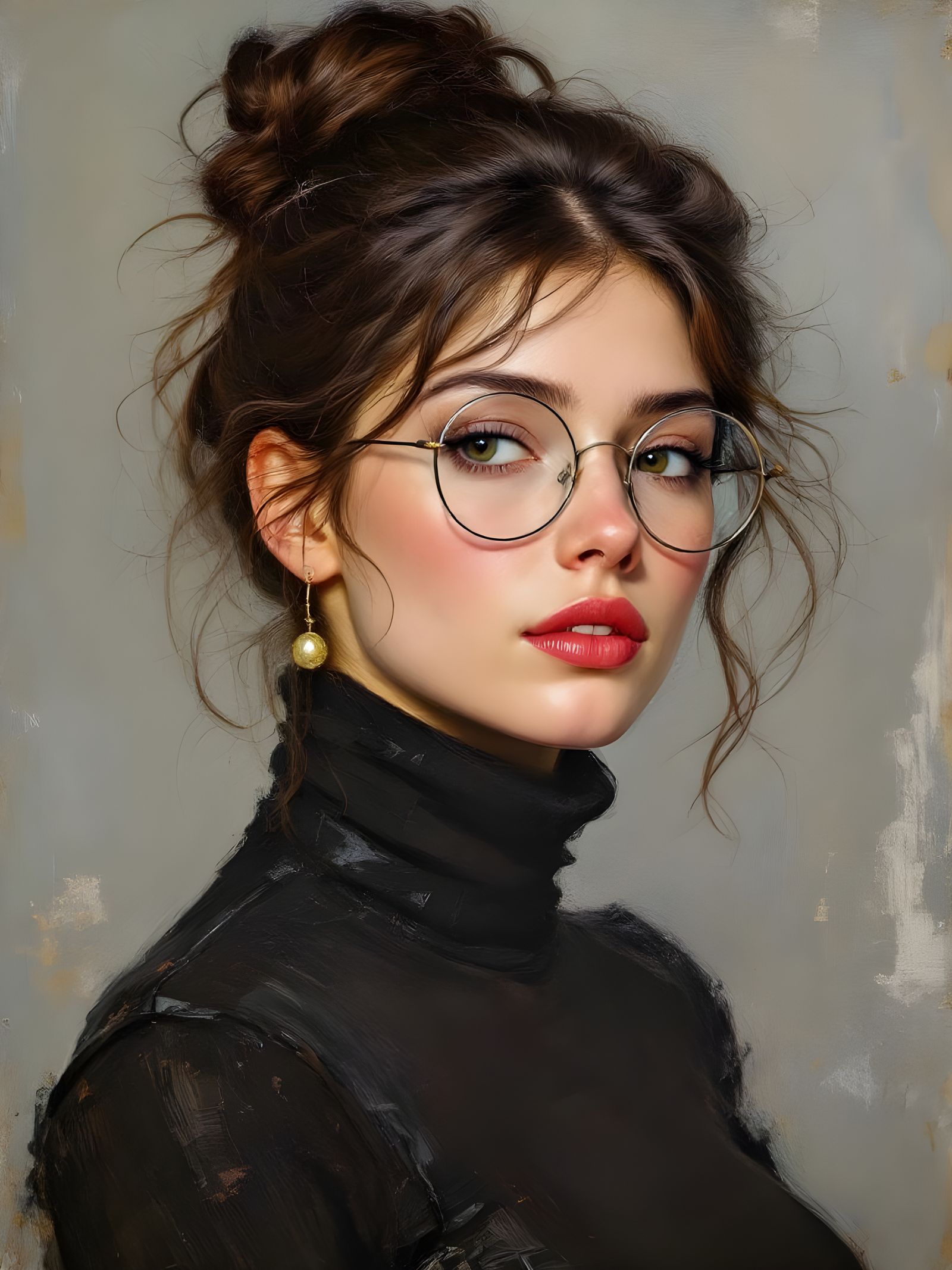 Brunette Woman Portrait in Impressionistic Oil Painting Styl...