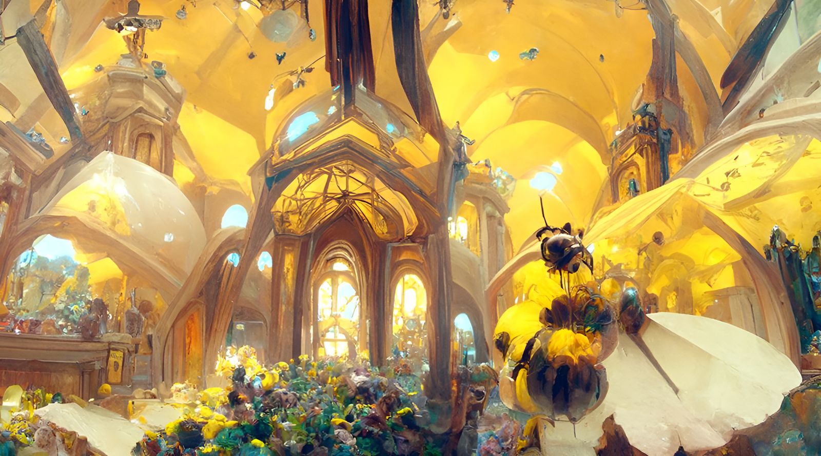 Bee Cathedral at Noon with Honey and Flowers