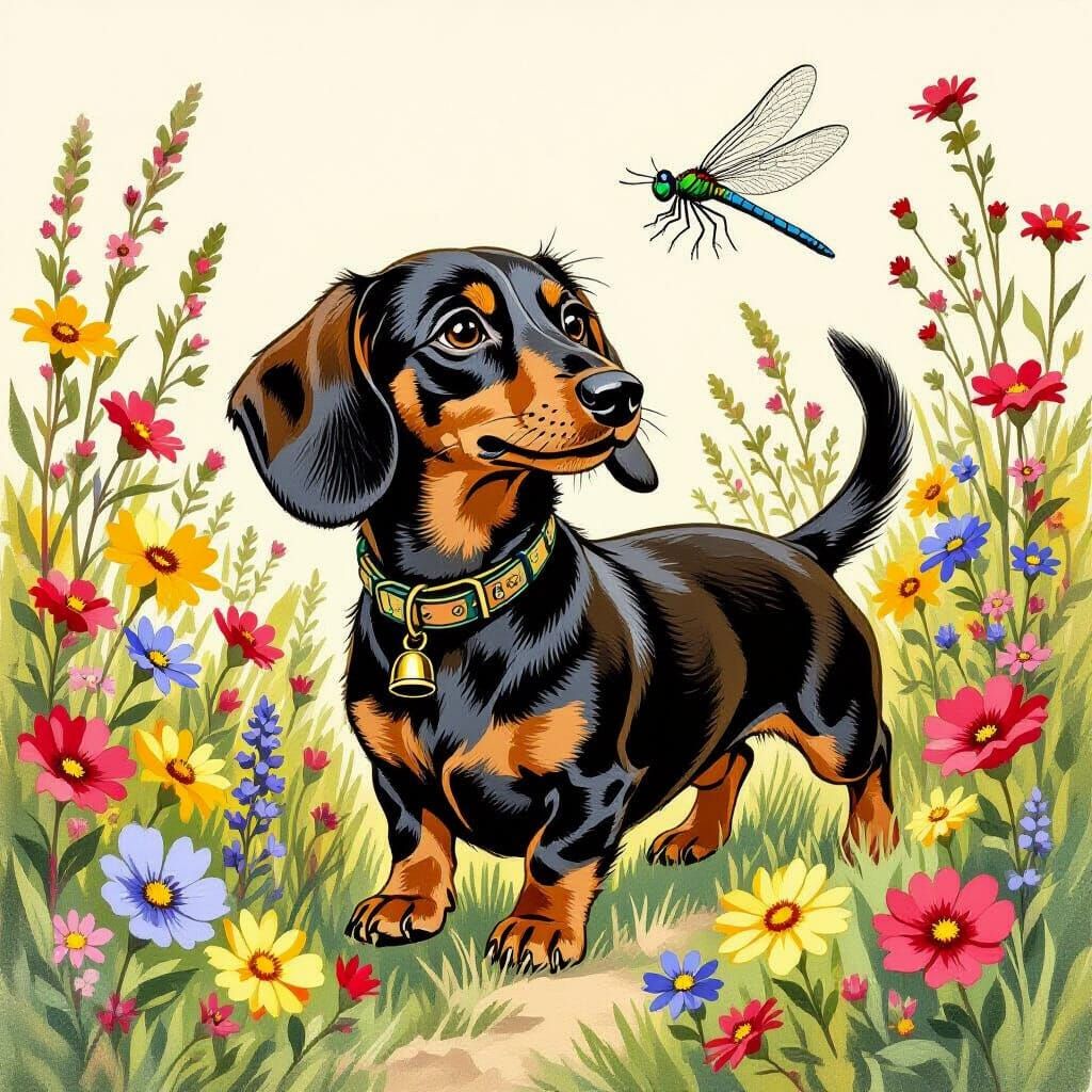 Dachshund and Dragonfly in Whimsical Illustration Style