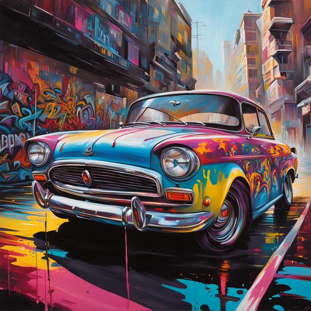 Graffiti Art Car Driving Home in Street Art Style
