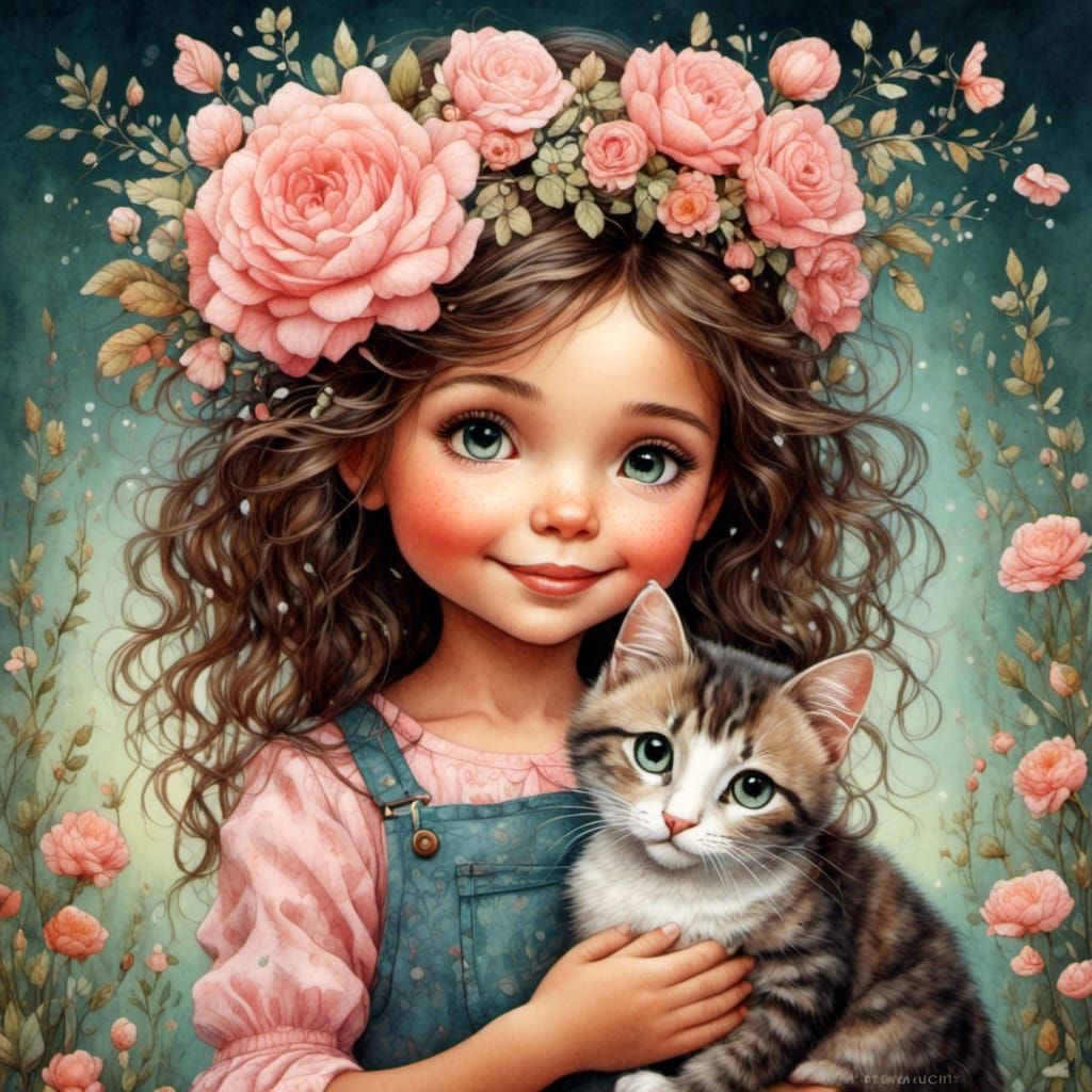 Girl with Cat in Engelbreit Folk Art Style