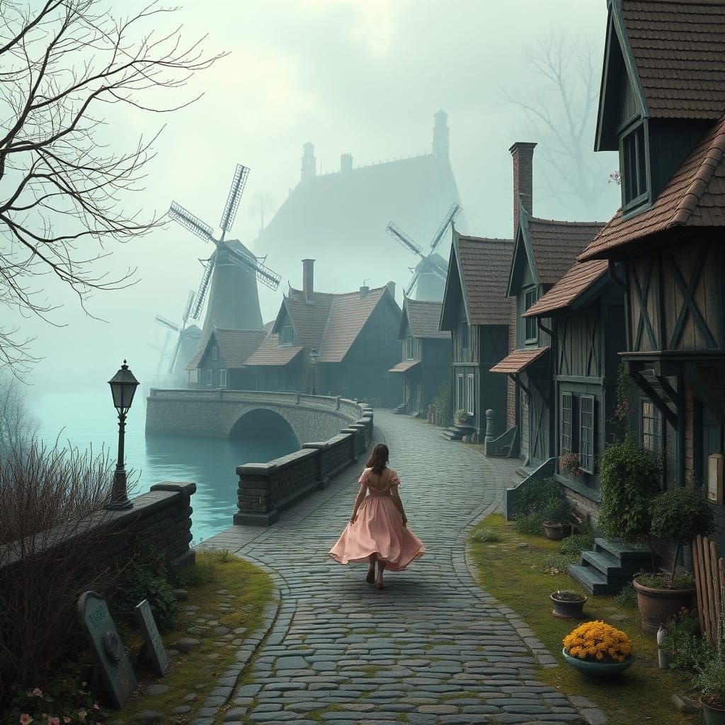 Whimsical Village Scene in Dreamlike Landscape