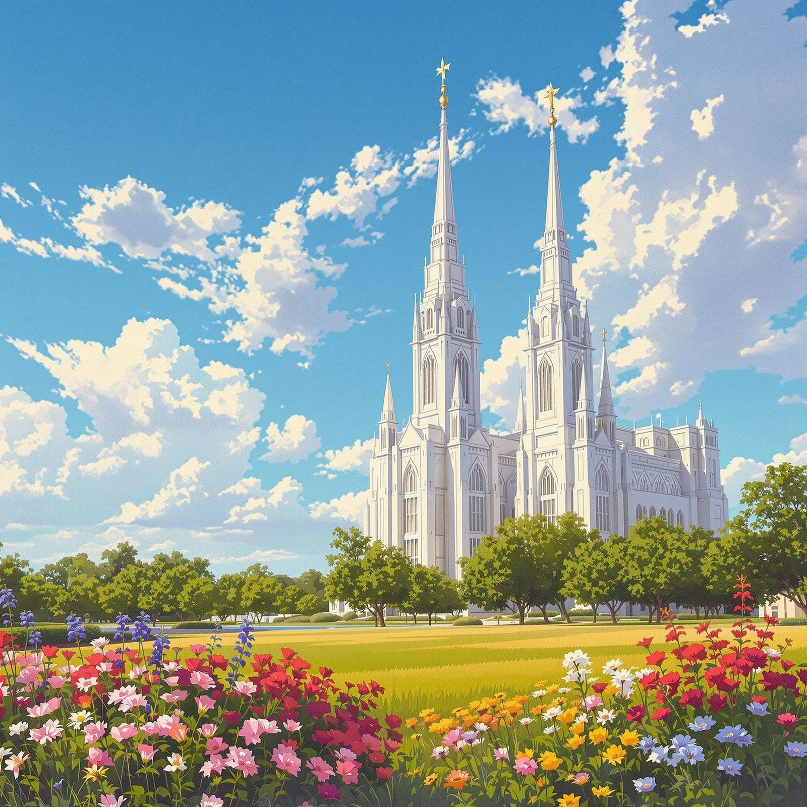 Serenely Lit LDS Temple Amidst Lush Gardens in a Whimsical,...