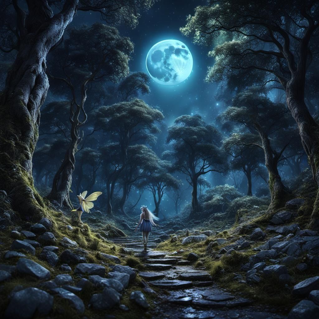 Moon Fairy in Forest Under Full Moon