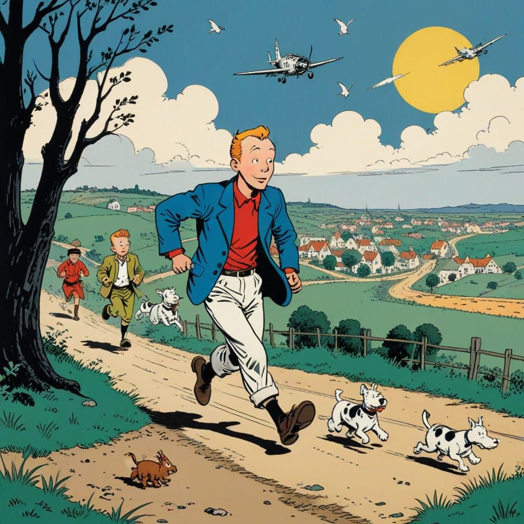 Belgian Comic Book Style Illustration of Tin Tin in Action