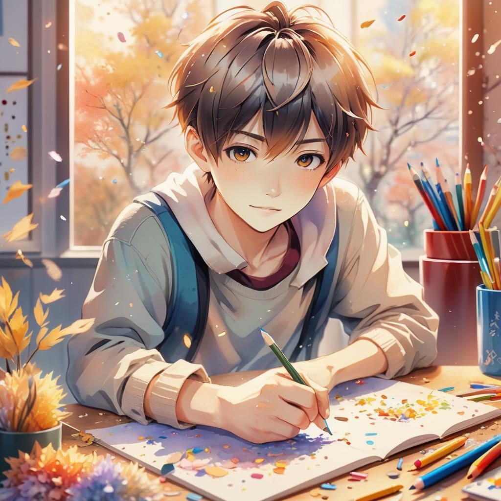 Anime Boy Playing With Pencil in Manga Style