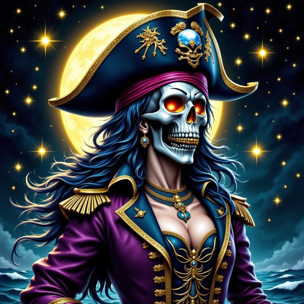 Glitter Pirate Skull Portrait with Ornate Hat
