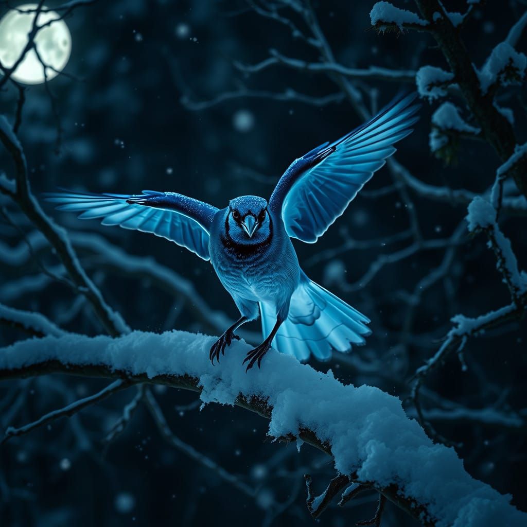 Moonlit Bluejay in Frosty Forest