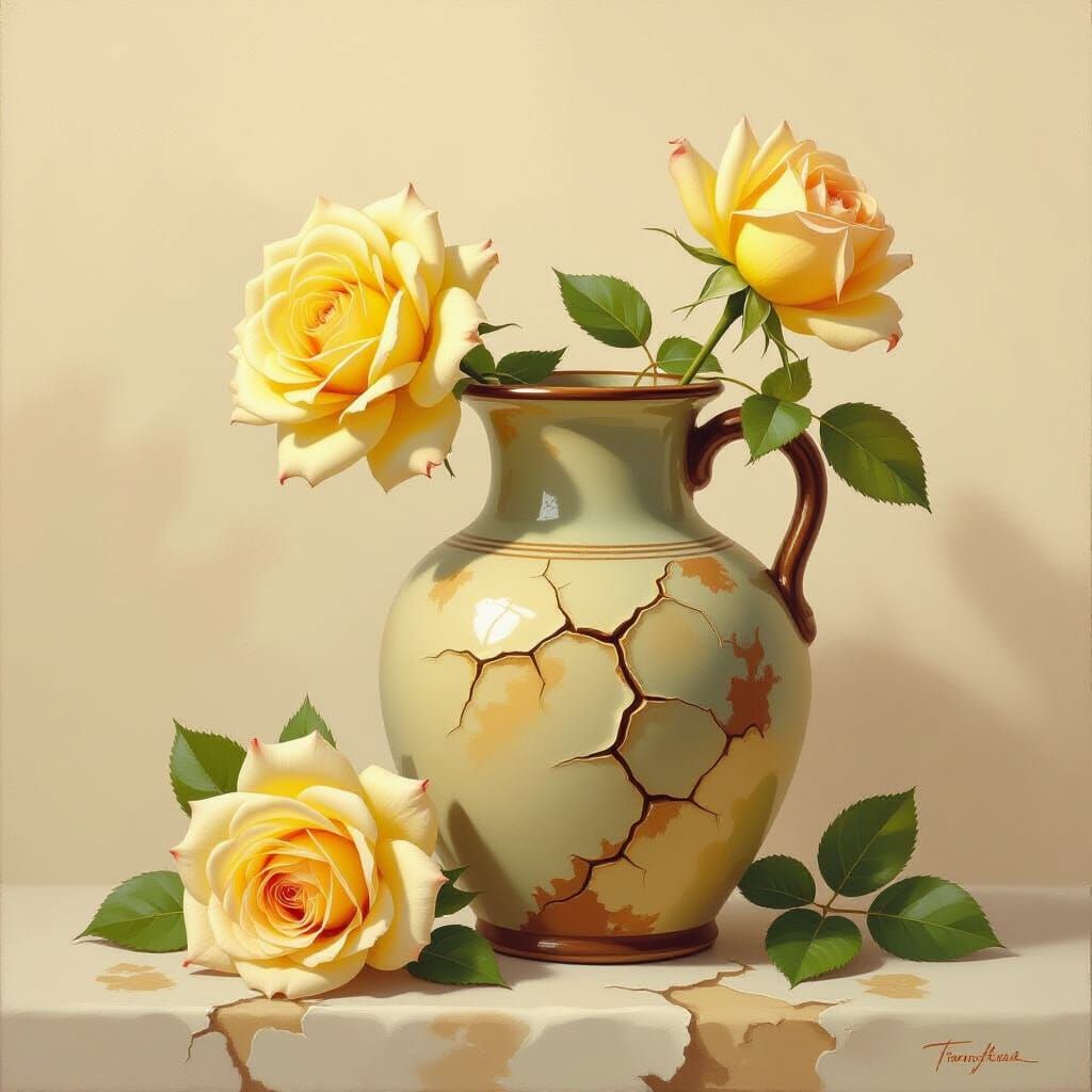 Cracked Pottery Vase with Yellow Roses, Impressionist Style