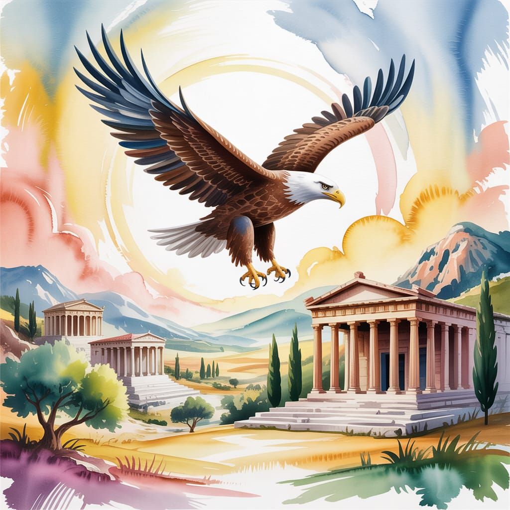 Eagle Soaring Over Ancient Greek Landscape in Watercolor