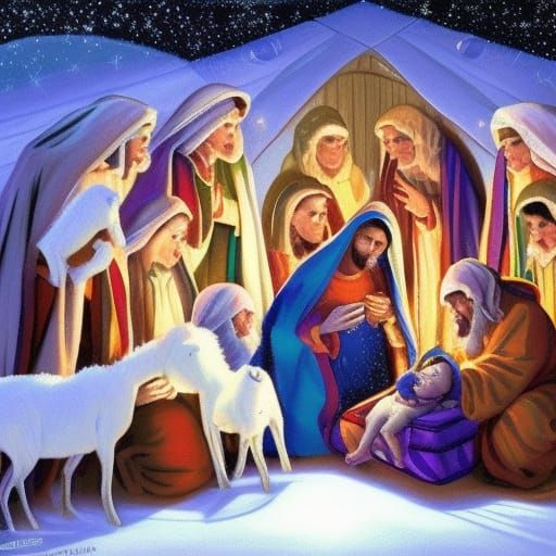 Nativity Scene: Magi Offer Gifts, Oil Painting