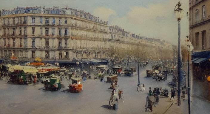 Paris Street Scene Watercolor with Five Eiffel Towers
