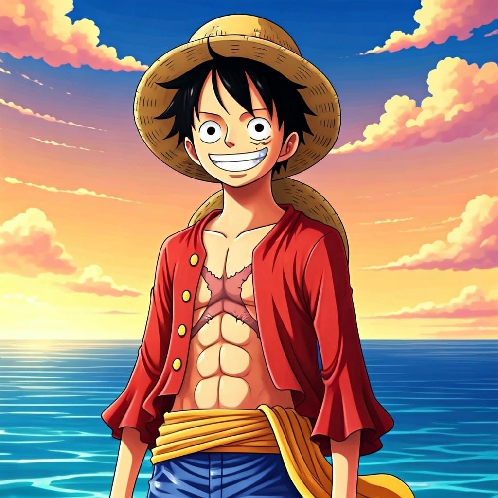 Energetic One Piece Anime Character Smiles at Serene Ocean S...