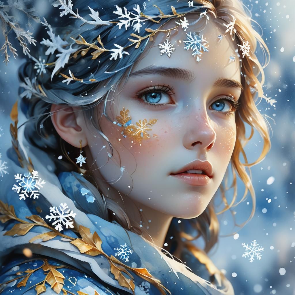Melancholic Snowfall Portrait in Watercolor Fantasy Style