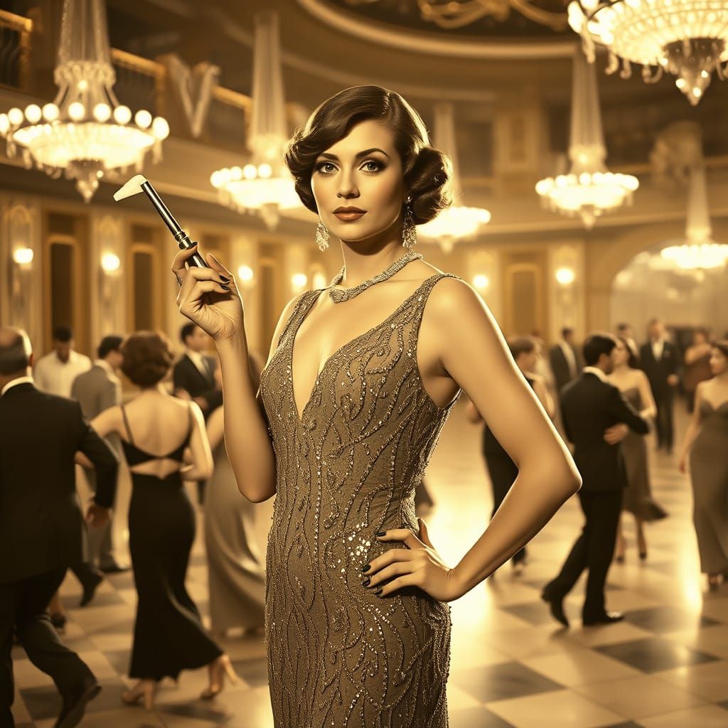 Glamorous Flapper in Art Deco Ballroom, Sepia Tones