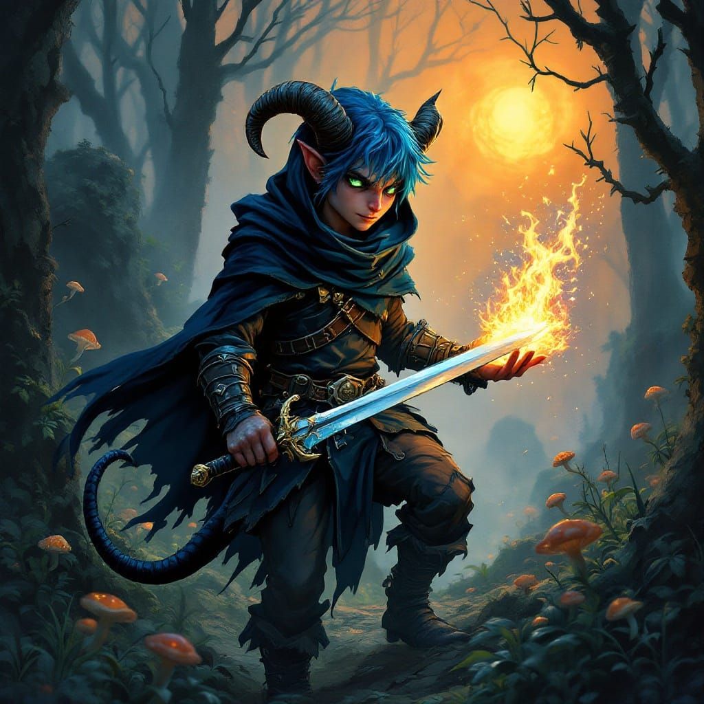 Whimsical Halfling Thief in Dark Fantasy Woods