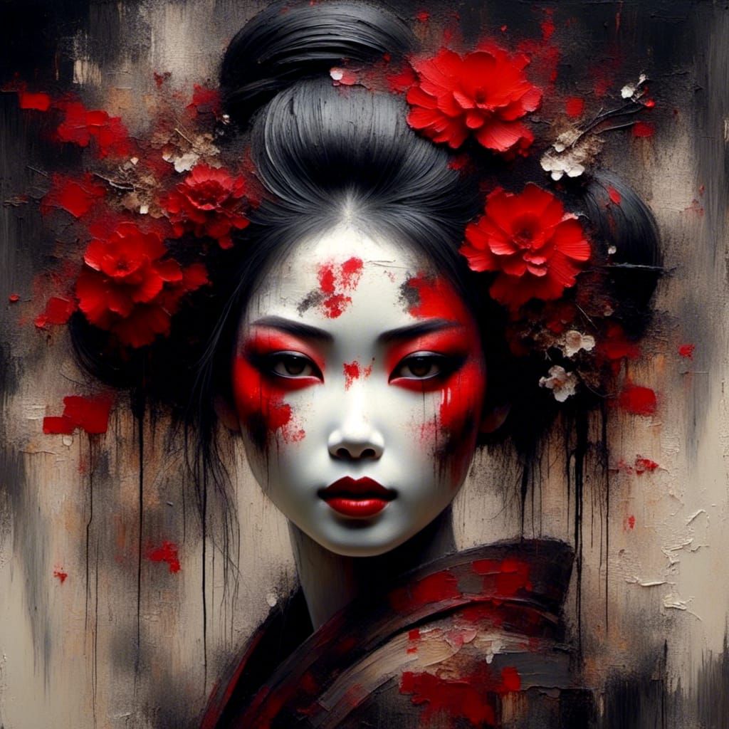 Geisha with a beautiful pale face, black and red color tones...