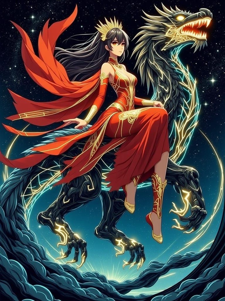 Anime Cosmic Goddess NuWa Soars on Dragon Through Nebula