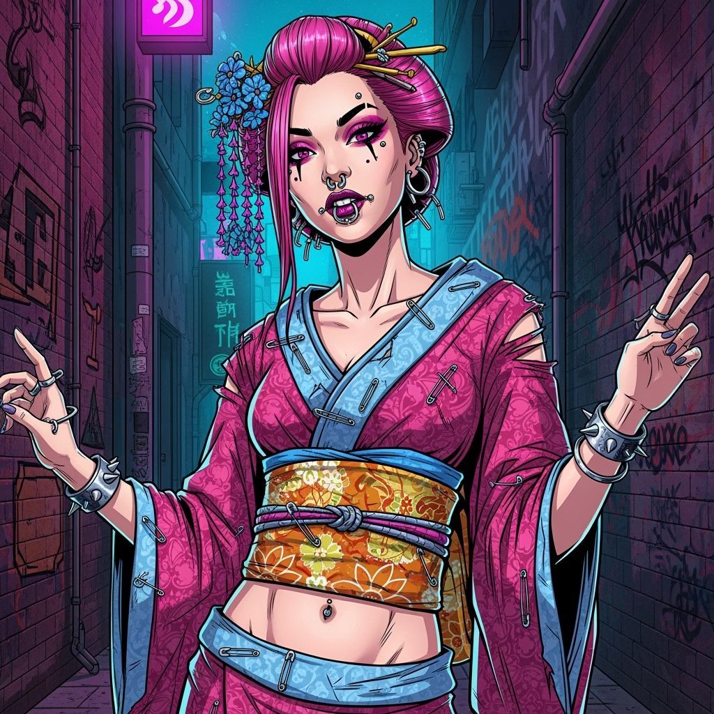 A punk rock Geisha woman with her upper lip and ears and belly button pierced with multiple rings.