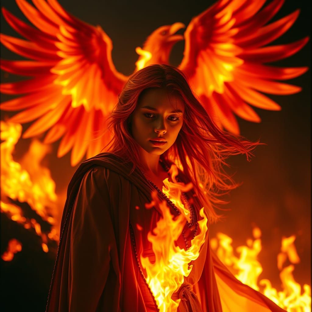 Fiery Phoenix Rising: Cinematic Woman in Flames