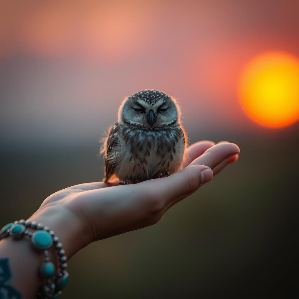 Miniature Owl in Hand at Twilight