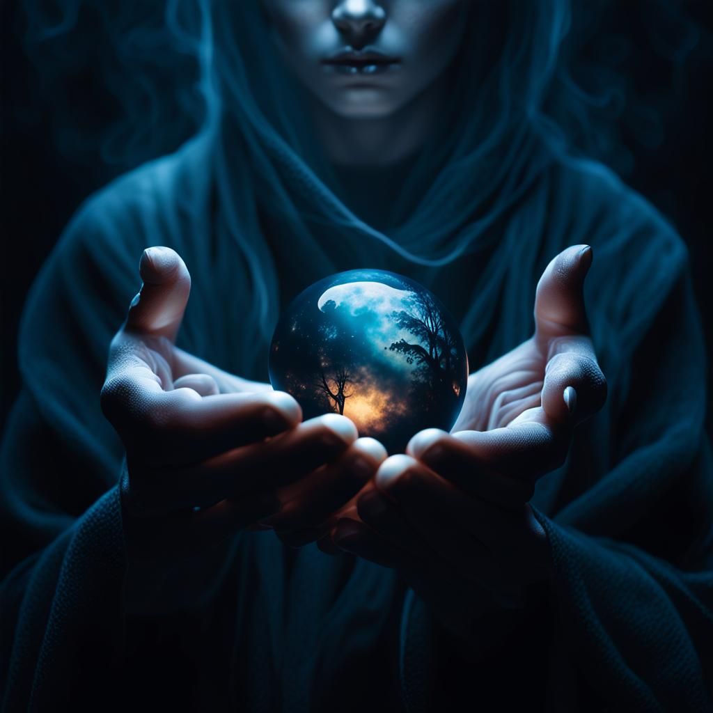 Mysterious, Glowing Lunar Orb in Dark, Bony Hands