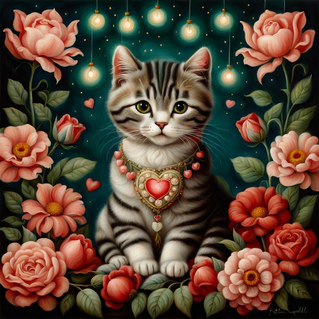 Cat Surrounded by Flowers in Classical Style