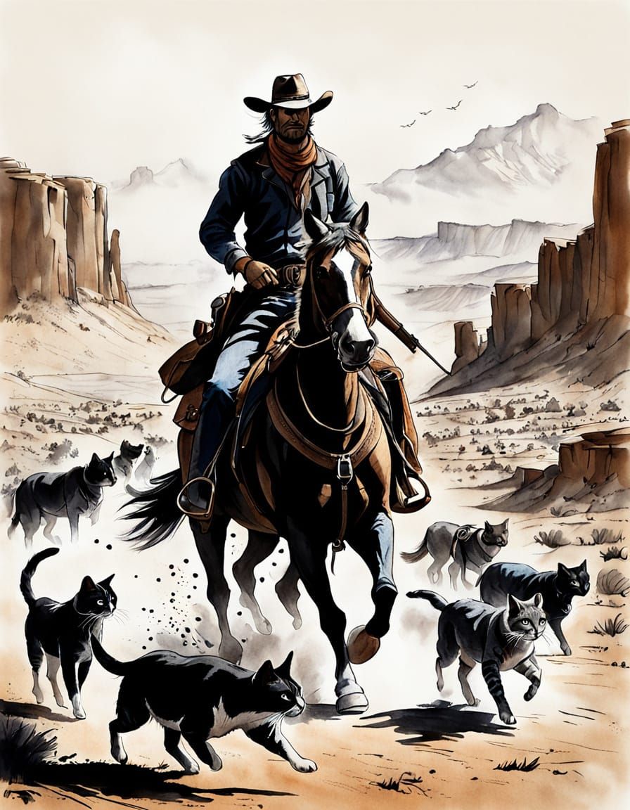 Cowboy Tames Feral Felines in a Wild West Ink Drawing