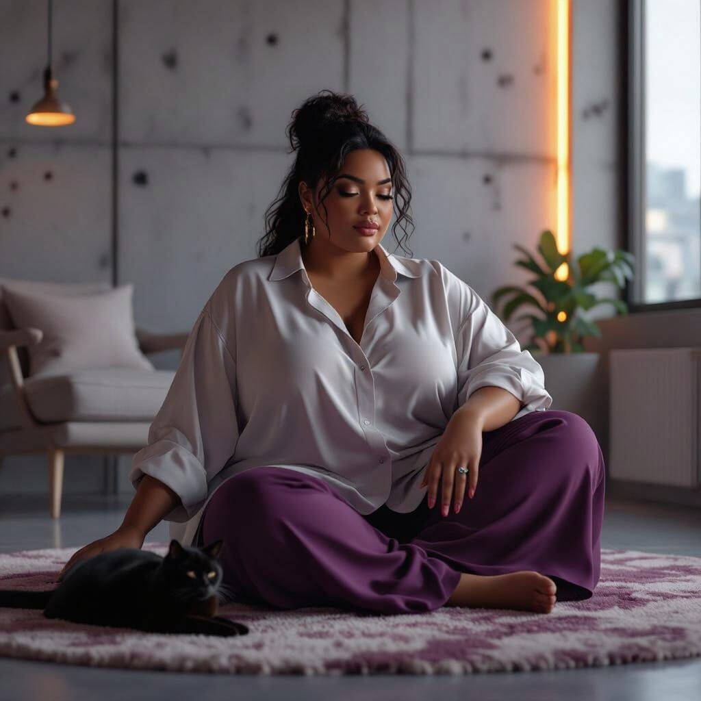 Obese Black Woman in Minimalist Studio